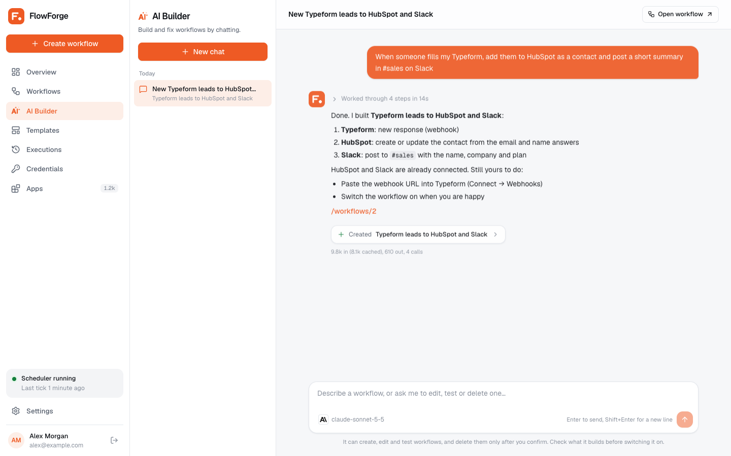 The AI Builder chat building a workflow