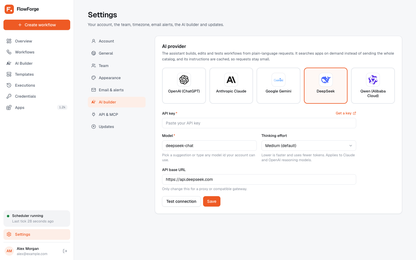 Settings, AI builder tab