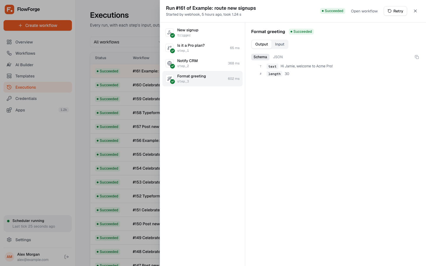 A run opened from Executions, showing each step and its output