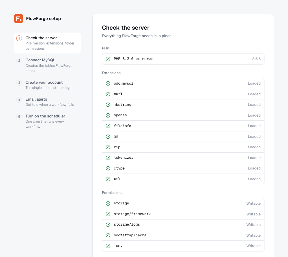 Setup wizard step 1: server checks