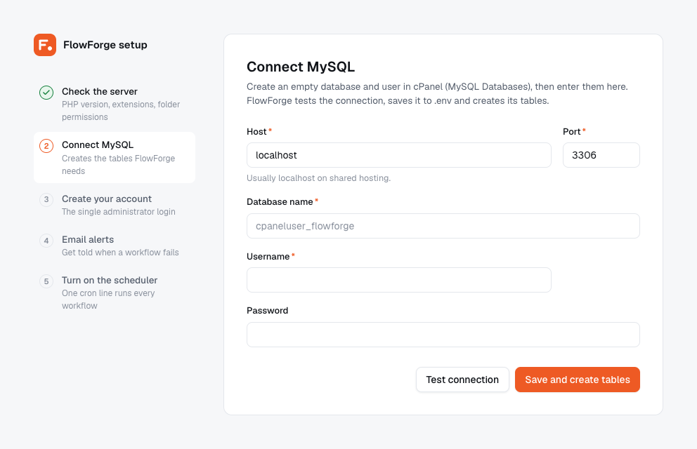 Setup wizard step 2: database connection