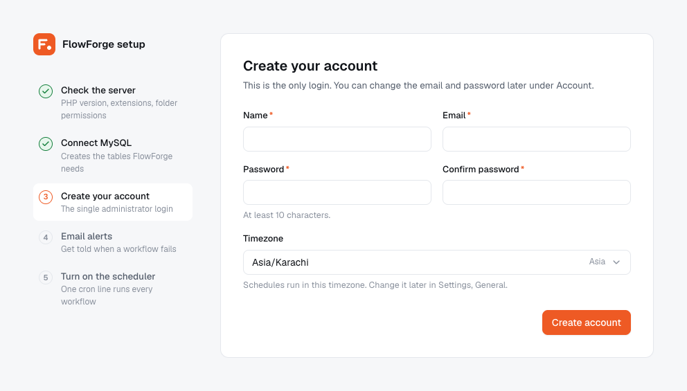 Setup wizard step 3: administrator account