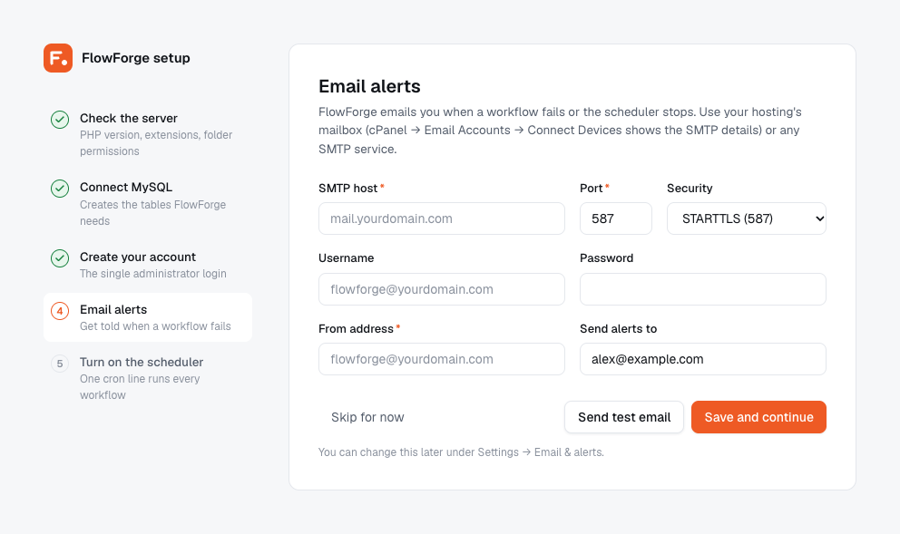 Setup wizard step 4: SMTP settings