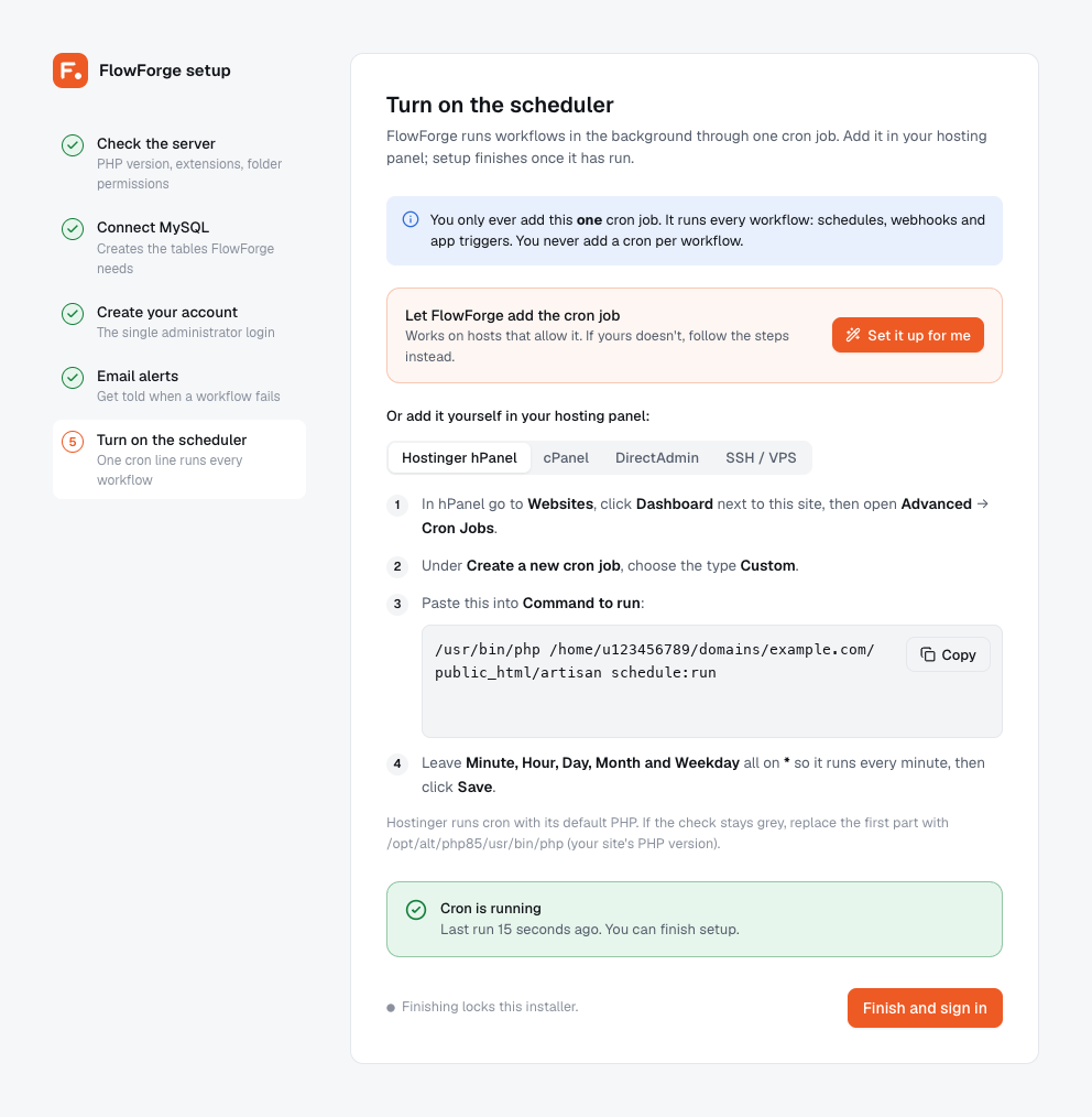 Setup wizard step 5: the cron job is verified