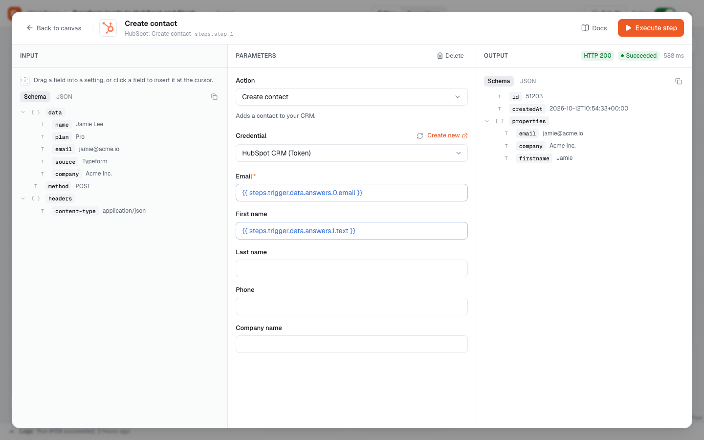 The step editor with Input, Parameters and Output