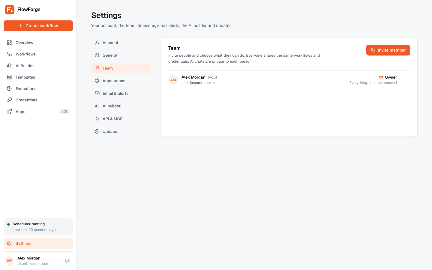 Settings, Team tab