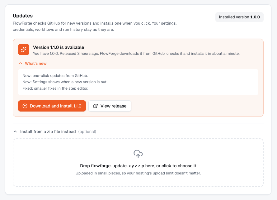 Settings, Updates tab showing a new version with What's new and a Download and install button